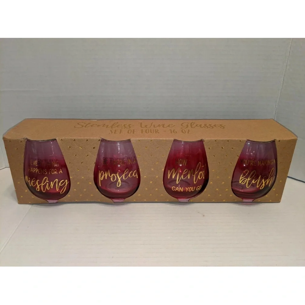 Vino Umbre Pink Stemless Wine Glasses Riesling, Prosecco ,Merlot & Blush GIFT